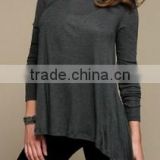 [FFB-0020] fashon ladies surplice neckline asymmetrical hem cuffed sleeve tencell blouse