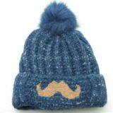 Quality Acrylic Contrast Color Jacquard Knitted Lady Flanging Hat With Pom and Embroidered Mustache thumbnail-1