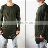 BLMN Army Green Mens Viscose Cotton Long Sleeve Wide Neck Lengthen Extended Oval Hem Tee Tshirt