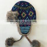 High Quality Wholesale Diamond Jacquard Knitted Winter Trapper Hat With Faux Fur Lining thumbnail-4