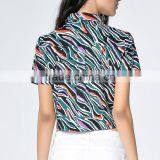 Custom OEM Service Women All Over Printed Swallow Tail Short Sleeve Lady Blouse & Top With Stand Collar thumbnail-5