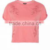 MGOO High Quality 100% Cotton Cuffed Short Sleeves Tank Top Womens Custom Floral Embroidered Crop Top thumbnail-2