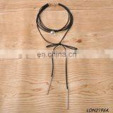 Long Black Layered Leather Thin Double Wrap Choker Bolo Necklace With Gold Tip- Vegan Faux Suede Accessories thumbnail-2