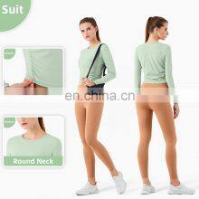 Women Fitness Long Sleeve Shirts Sport Wear Fitness Yoga Wear Long Sleeve Crop Top With Waist Fold thumbnail-4