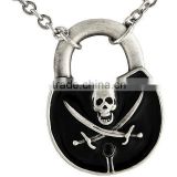 OEM Antique Silver Black Enamel Pirate Padlock Necklace