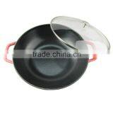 Red Dia36cm Round Enameled Cast Iron Wok Pan in Glass Lid