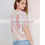 Ladies Pink Short Sleeve Loose European Style Fashion Paillette t Shirt thumbnail-2