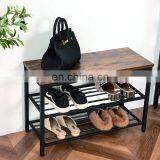 Living Room Custom Metal and Wooden Shoe Rack Bench 2 Tier Iron Steel Shoe Rack Online for Sale Simple Designs thumbnail-5