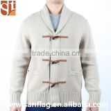 Matured new style man polo neck long sleeve cardigan jacket with pocket christmas thick knit sweater with suede patch on elbow