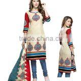 Nice Motif Neck Design With Beige Color Cotton Dress Material