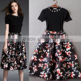 Ladies New Fashion European style floral print black high waist flare autumn skirt