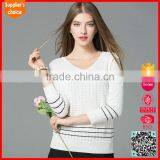 Latest long sleeves woman striped v neck sweater breathable knitwear