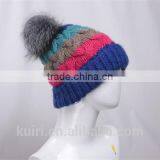 Winter Warm Knit Cap Thick Stick Knitting Mixed Color Winter Hats for Women Beanies With Fox Fur Poms thumbnail-1