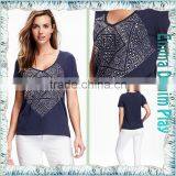 2016 New Designs Wide Open Neck Blue Printing Cotton T Shirts for Sexy Womens thumbnail-5