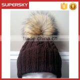 A-534 Cable Knit Beanie With Fur Pom Pom Raccoon Fur Pom Knitting Beanie Fur Pom Knit Pattern Cable Beanie thumbnail-3
