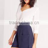 New Style Women Fancy Navy High Waist Pocket Tailored Shorts thumbnail-3