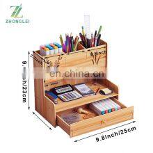 Wooden Pen Organizer Multi-Functional DIY Pen Holder Box Art Supply Organizer Desktop Stationary Storage With Drawer for Office thumbnail-2
