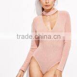 Pink Cut Out Mock Neck Zipper Back Ribbed Bodysuit Cotton Blends Long Sleeve Sexy V Neck Sweater thumbnail-2