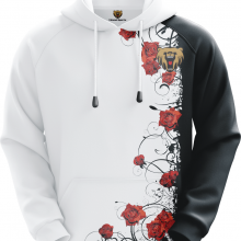 Customized Sublimation Hoodie of White and Black Colors With Red Rose Pattern thumbnail-1