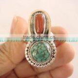 Sterling Silver Coral & Turquoise. Ring, Semiprecious Ring, Sterling Silver Rings thumbnail-1