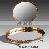 Unique Design Brass Oval Mirror Tray, Hand Engraved Gilt Bronze Serving Tray With Mouthed Edge thumbnail-4