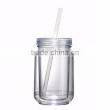 16OZ Mason Jar Cup Blank Clear Double Wall Insulated Tumbler Travel Mug Straw thumbnail-2