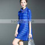 Women Striated Polo Neck Casual Pleated Dresses thumbnail-2