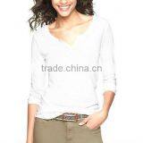 White Long Sleeve Deep V Neck t Shirt for Women