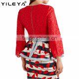 Latest Spring Design Fashion Red Lace Blouses for Ladies Elegent Long Sleeve Women Tops thumbnail-2