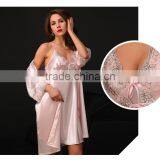 The New Spring and Summer Factory Pin Emulation Silk Pajamas 7 Minutes of Sleeve Embroidery Elegant Lace Nightgown Sexy Strap ni thumbnail-1