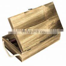 Dark Torched Wood Double Bottle Wine Case Top Handle Wood Wine Box Brown thumbnail-2
