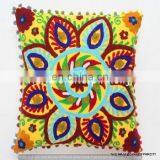 Pom Pom Vintage Suzani Cushion Cover Embroidered 16x16'' Indian Pillow Case thumbnail-4