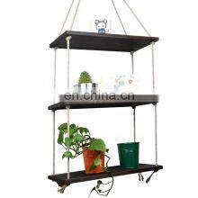 Dark Brown 3 Tier Home Decor Window Storage Plant Rope Hanging Shelf Wall