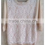 2015 women knitting ladies' blouse short sleeve beaded round neck pullover with lace patchwork