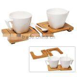 Bamboo tea coffee canister set Modern White Ceramic Tea Cups and Spoons on Bamboo Serving Tray Inset Coasters