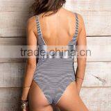 Ladies Black and White Stripe and Side Braid One-piece Swimwear thumbnail-2