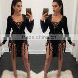 Zm50308b v Neck Hollow Out Women Clothes Pure Color Sexy Lady Dresses thumbnail-6