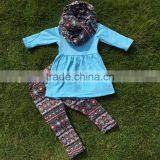 2-7t FALL/Winter Kids OUTFITS 3 Pieces Scarf Pant Sets Girls Hot Sell Aztec Boutique Clothes Kids Turquoise Top Sets thumbnail-1