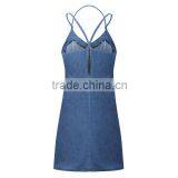 2015 fashion Hot Girl Sexy Backless Cross Spaghtti Strap Denim Dress