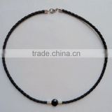 YY004-4 latest charm jewelry real black leather necklace with black gemstone