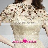 HT74 NEW Fashion Elegant High Neck Short Sleeve Prom Dresses Beaded Crystal A-line Floor Length Vestido Longo Azul thumbnail-4