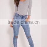 Custom Size One Piece Plain Jumpsuit Long Sleeve Basic Grey Scoop Neck Thong Bodysuit thumbnail-4
