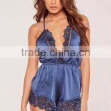 2017 Hot Sale Sexy V Neck Lace Trim Satin Pyjama Set Blue Lace Teddy Elasticated Waist Halter Back Strap Sleepwear thumbnail-3