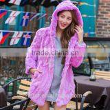 2016 New Women's Real Rex Rabbit Fur Coat With Fox Fur Hood Trim Patches Mink Fur Outwear thumbnail-3