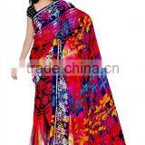 Flower Printed Black & Red Glamour Saree With Blouse thumbnail-1