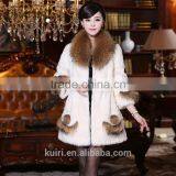 Hot Selling Korean Real Rex Rabbit Fur Coat With Raccoon Fur Collar Low Price Pc-140 thumbnail-3