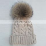 Fashion knit cable hats with big natural raccoon fur pom poms