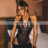 Black Sexy Lace Flowers Bodysuit Summer Mesh Splice Transparent Deep V Neck Jumpsuit Nightwear Women Hollow Corset Overalls Body thumbnail-4
