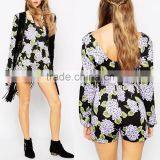 Mini Long Sleeve Hot Floral V Back Jumpsuits thumbnail-1