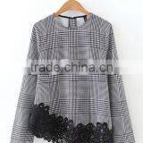 Runwaylover EY2378B Ladies 2017 Fashion Lace Splice Plaid Blouse thumbnail-5